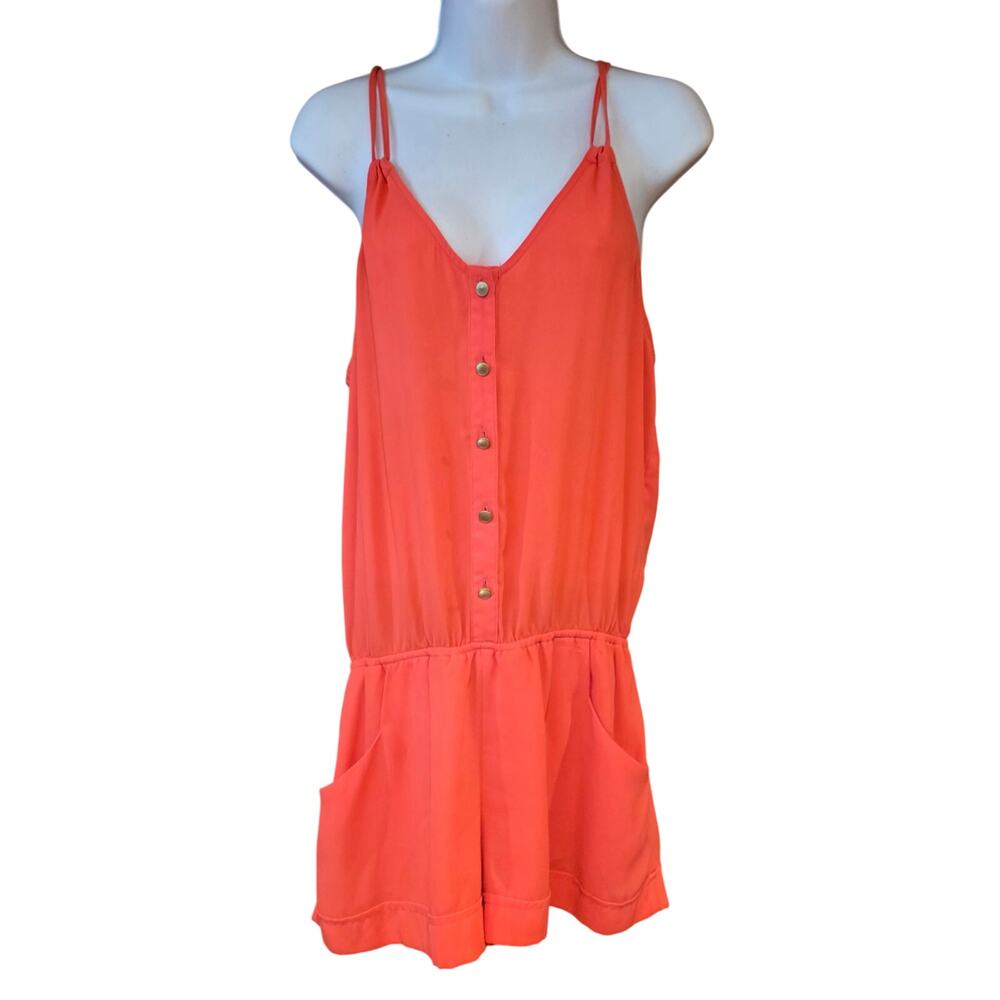 Double Zero coral colored Button-Front Spaghetti Strap Romper sz S